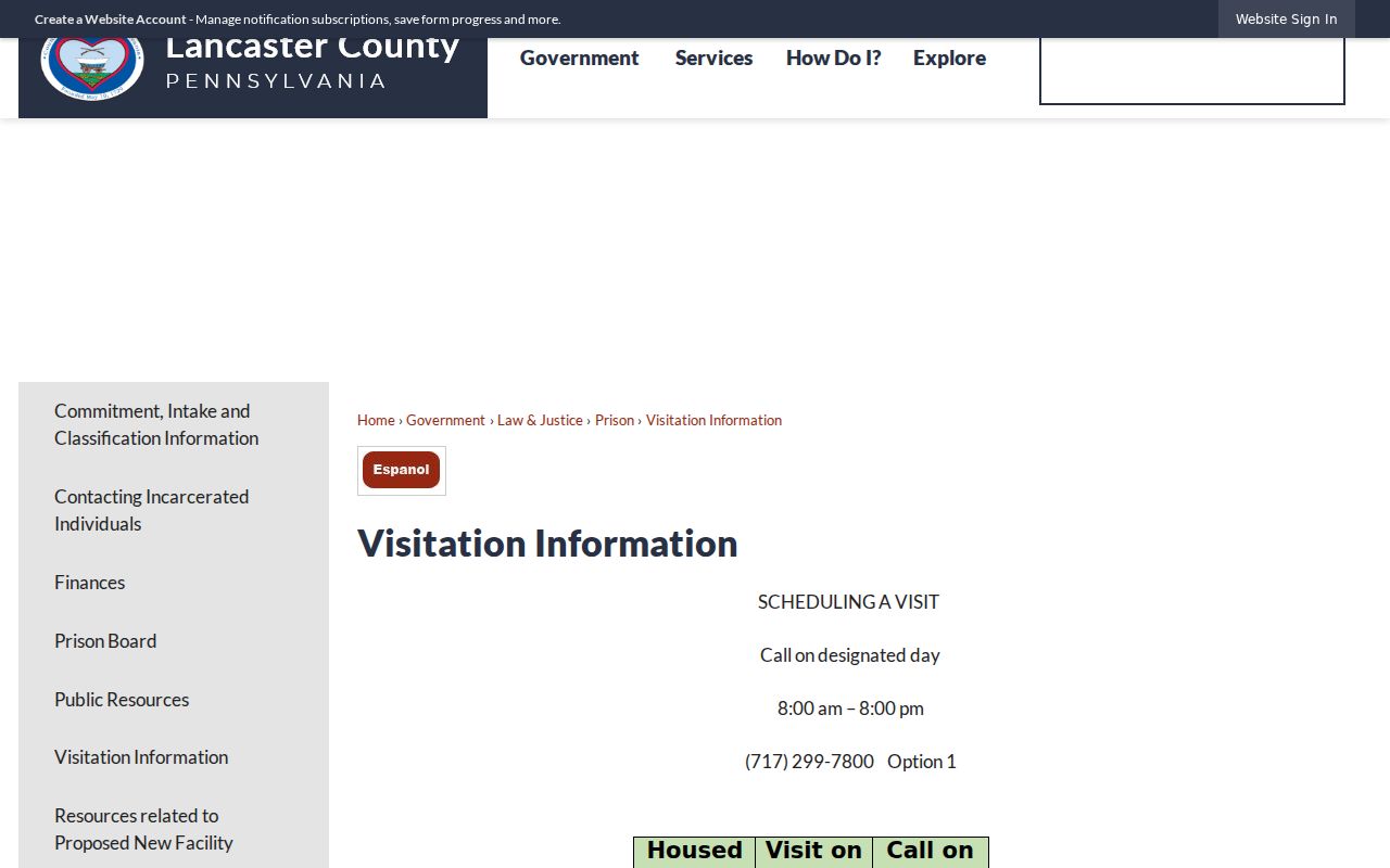 Lancaster County Prison visitation information after an arrest booking