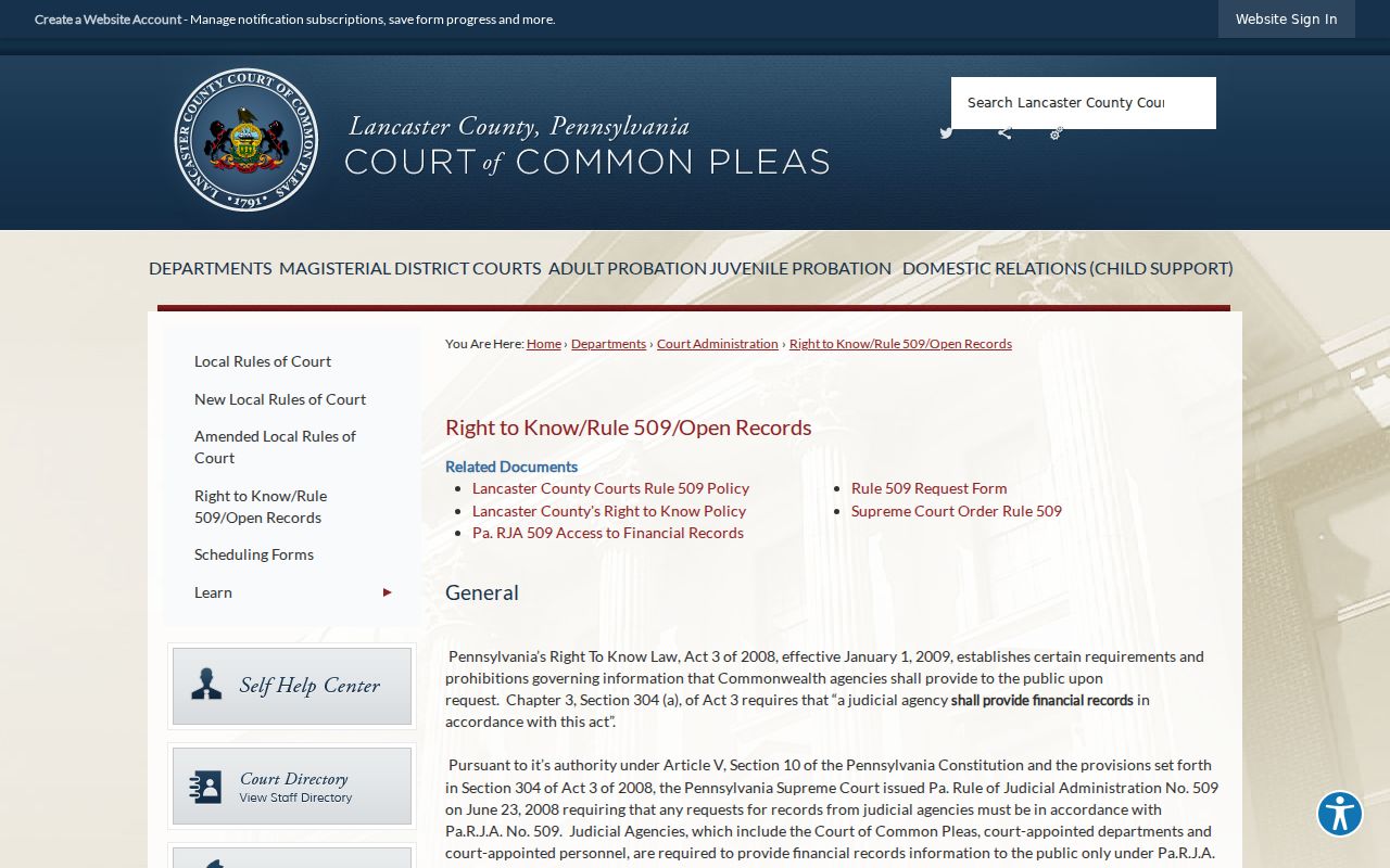 Lancaster County court Rule 509 criminal record access information