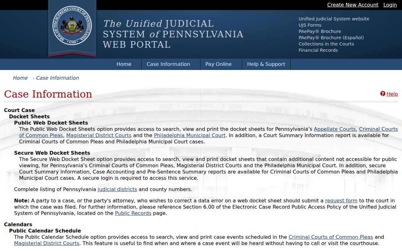 Lancaster County criminal case information options on UJS