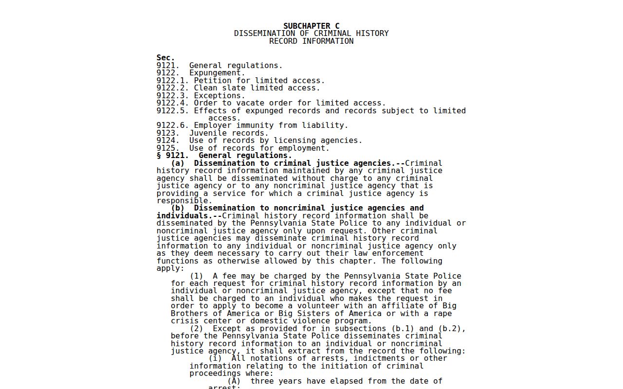 Pennsylvania dissemination law for Ephrata criminal history records