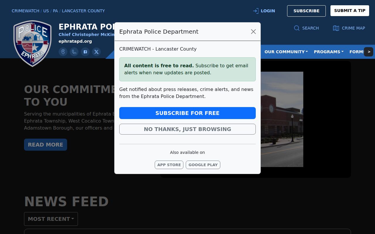 Ephrata Police Department criminal record request information