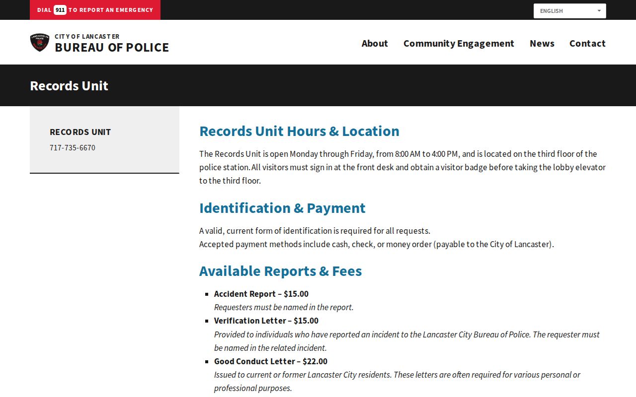 Lancaster police Records Unit for city criminal history requests
